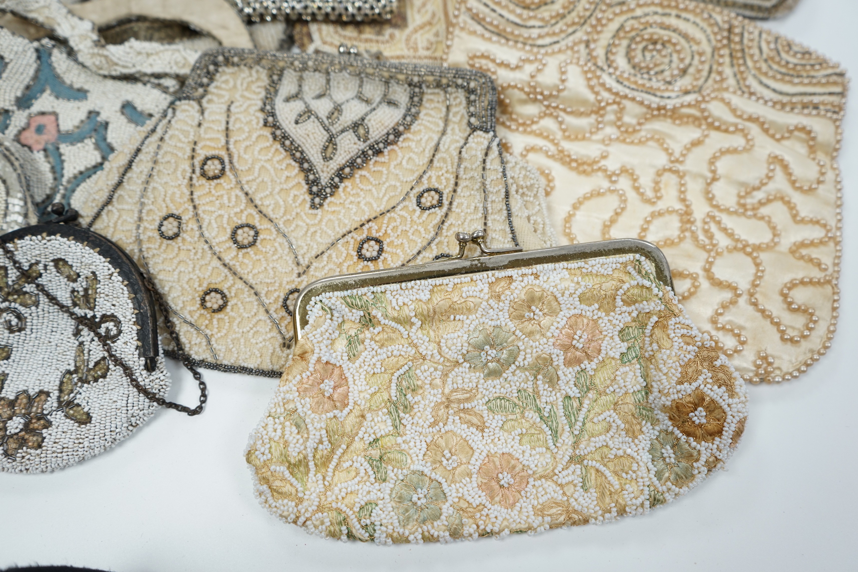 Twelve 1930’s beaded, sequin and pearl evening clutch bags and bags, some with embroidered decoration